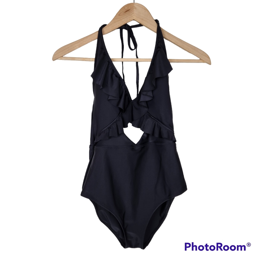 Aerie Black Ruffle Neck Halter One Piece Full Coverage Swim Bathing Suit Sz S